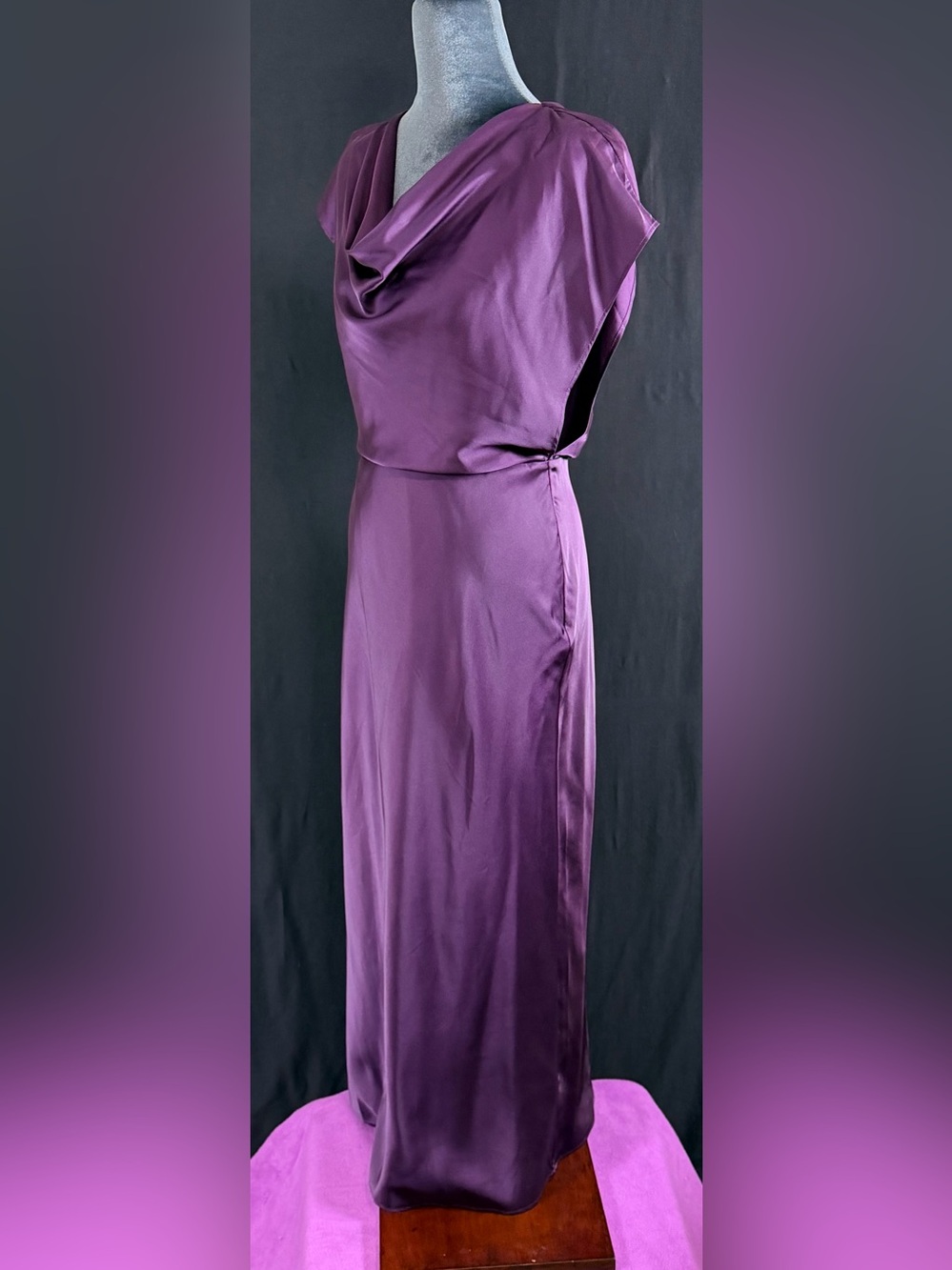 Banana Republic Gown 2 Plum Satin Cowl-Neck Flowy Romantic Old money Mob Wife
